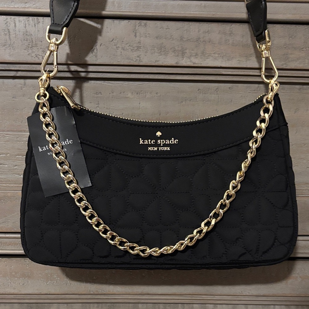 NWT Kate Spade Black Flower Quilted Shoulder / Crossbody Bag with Gold Chain